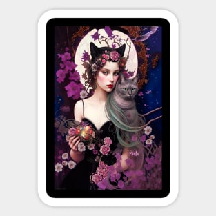 Spellbinding Art of a Beautiful Witch and her Cat is just Enchanting. Sticker